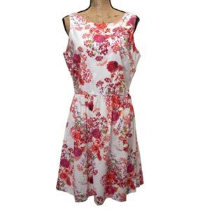 Garnet Hill Floral A-Line Knee Length Dress White Coral Pink‎ Cotton Size 10